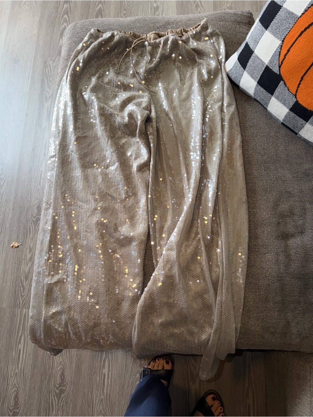 Sequin Wide-Leg Drawstring Pants - Metallic Taupe - Picture 3 of 3